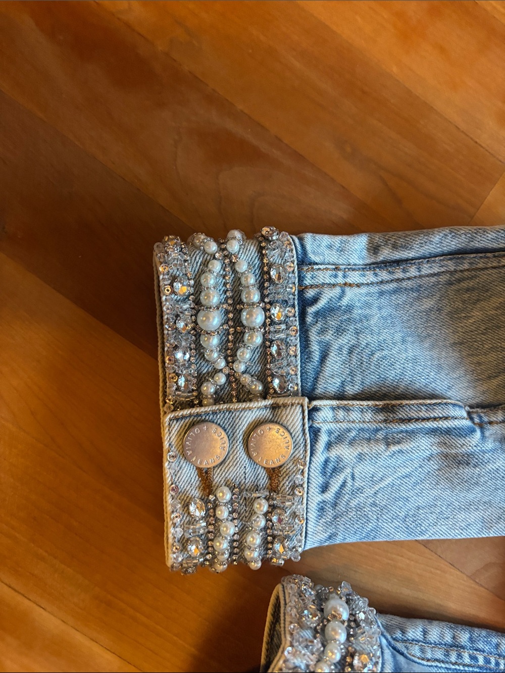 Alice + Olivia Light Blue Pearl-Embellished Denim Jacket - Picture 10 of 16